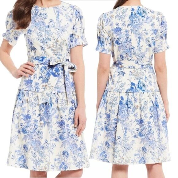 ANTONIO MELANI Dresses & Skirts - Antonio Melani Jessie Blue Skies White Floral Short Sleeve Drop Waist Dress 14